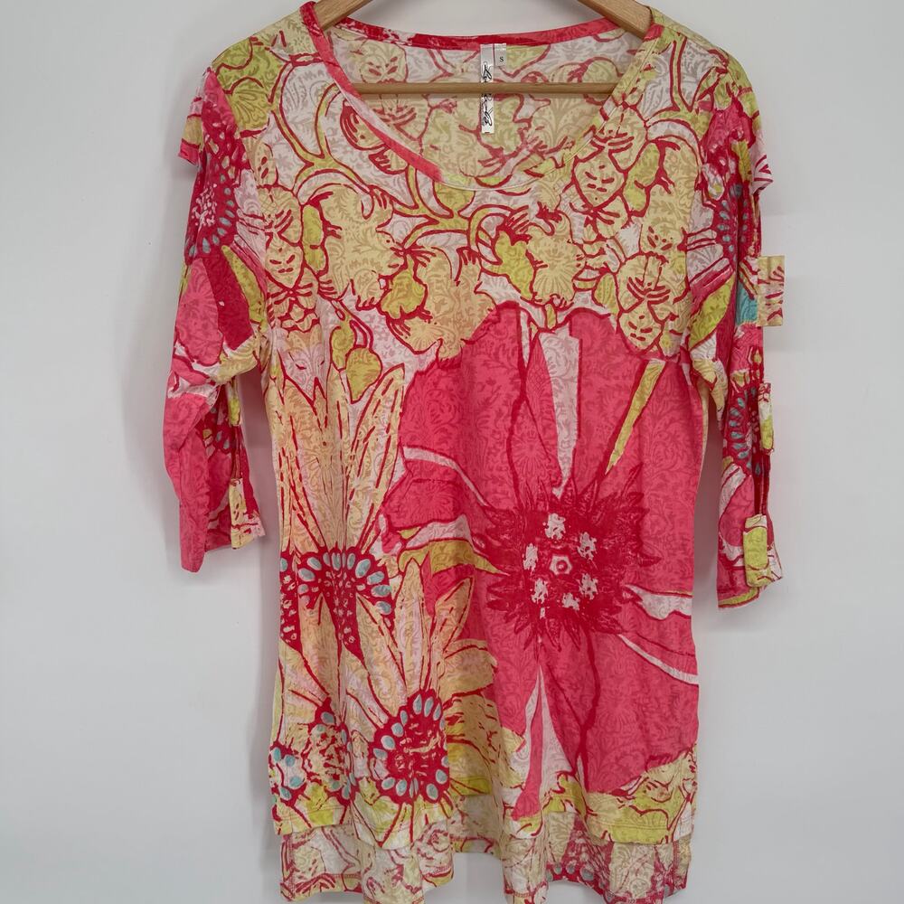 Lulu-B Top Women’s Small Floral Lattice‎ Sleeves Lagenlook Electric Grandma Pink